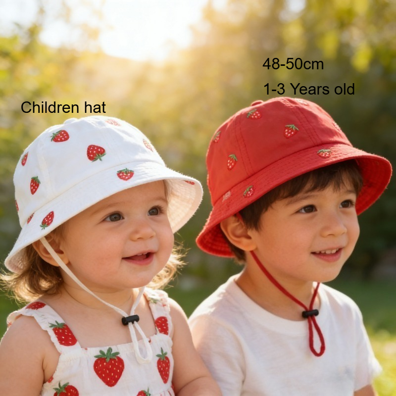 Embroidery Cap - Girl Fisherman Hat with Strawberry Embroidery