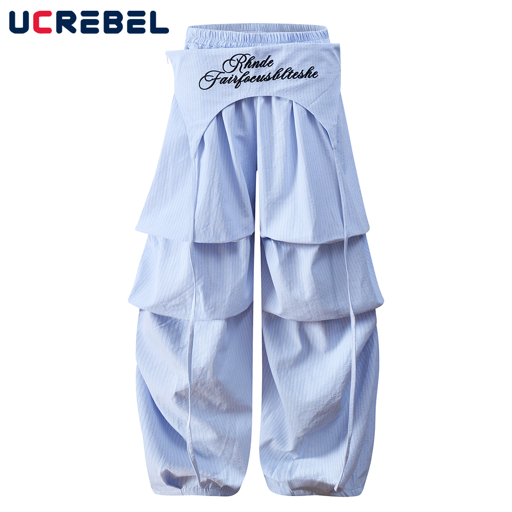 Embroidery Jersey - Letter Embroidery Striped Wide Leg Pants
