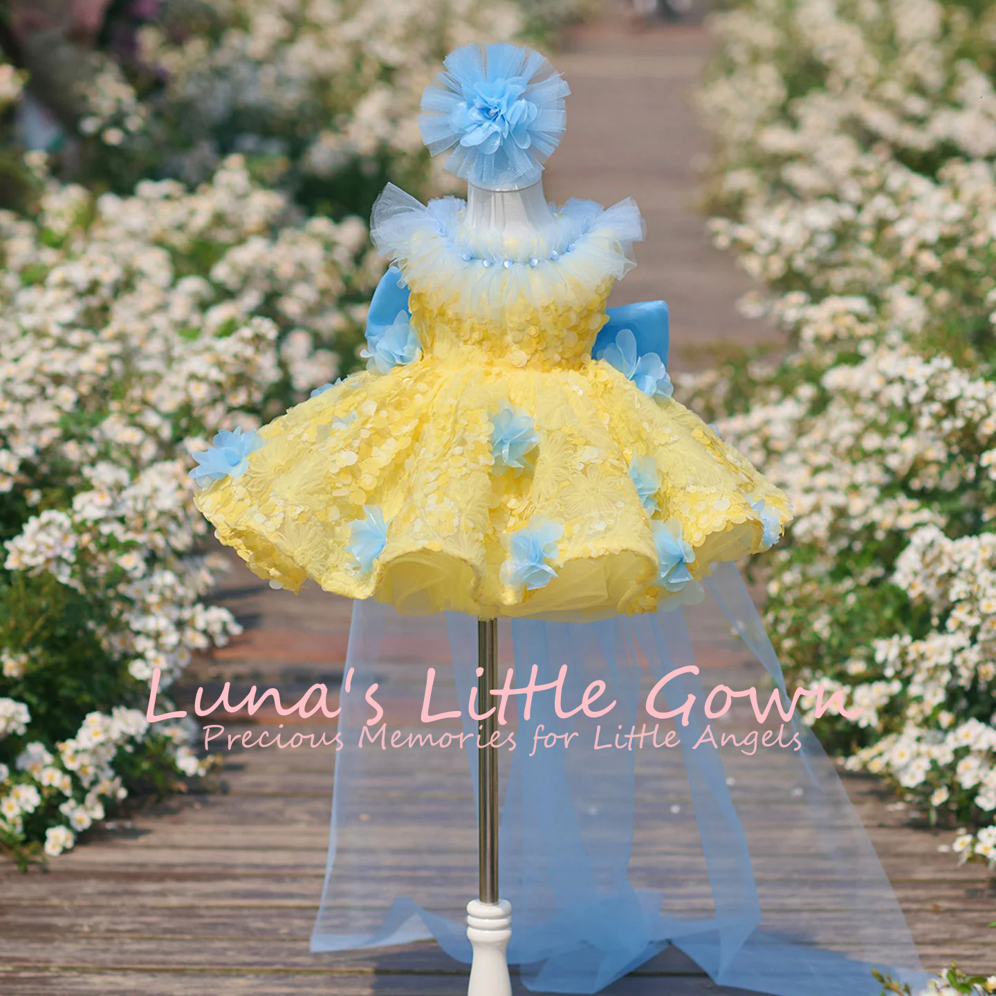 Yellow & Sky Blue Off‑Shoulder - Embroidery Yellow Flower ulasan dan harga