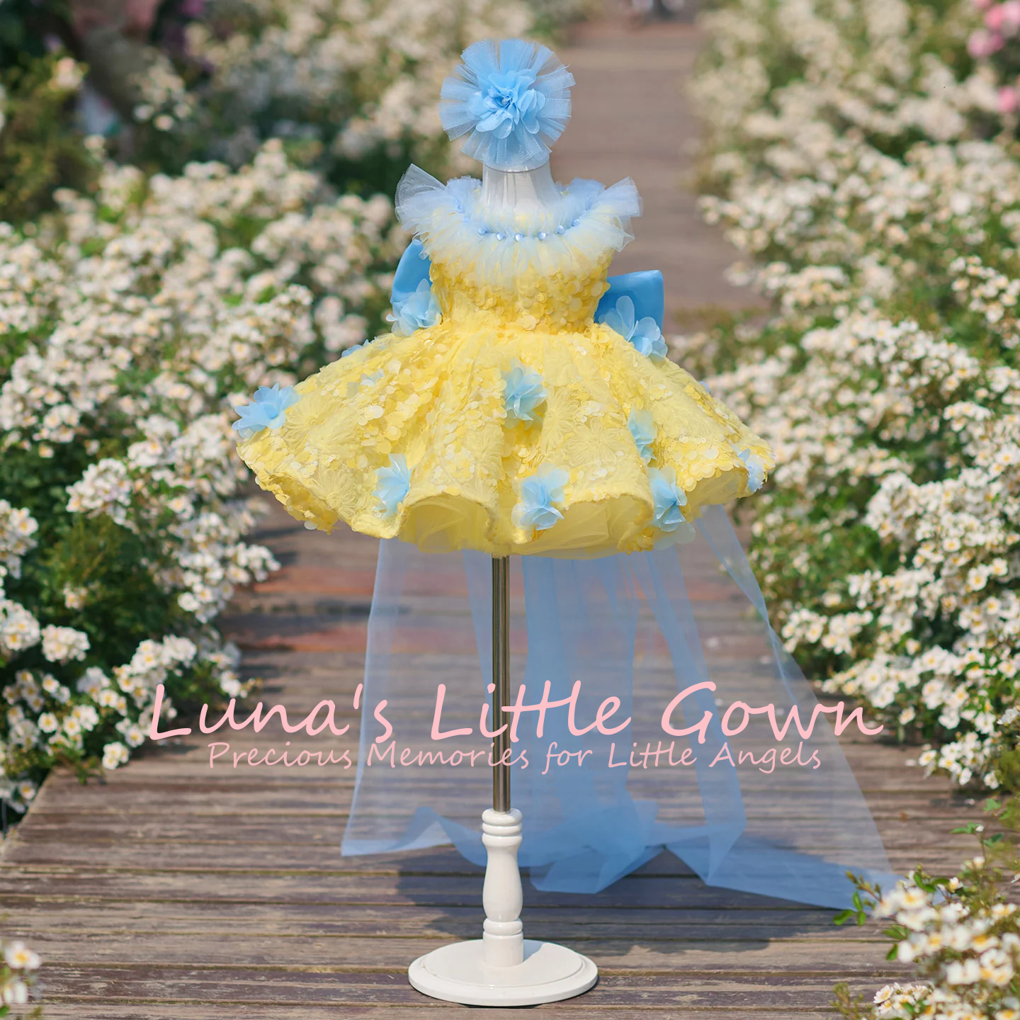 Yellow & Sky Blue Off‑Shoulder - Embroidery Yellow Flower ulasan dan harga