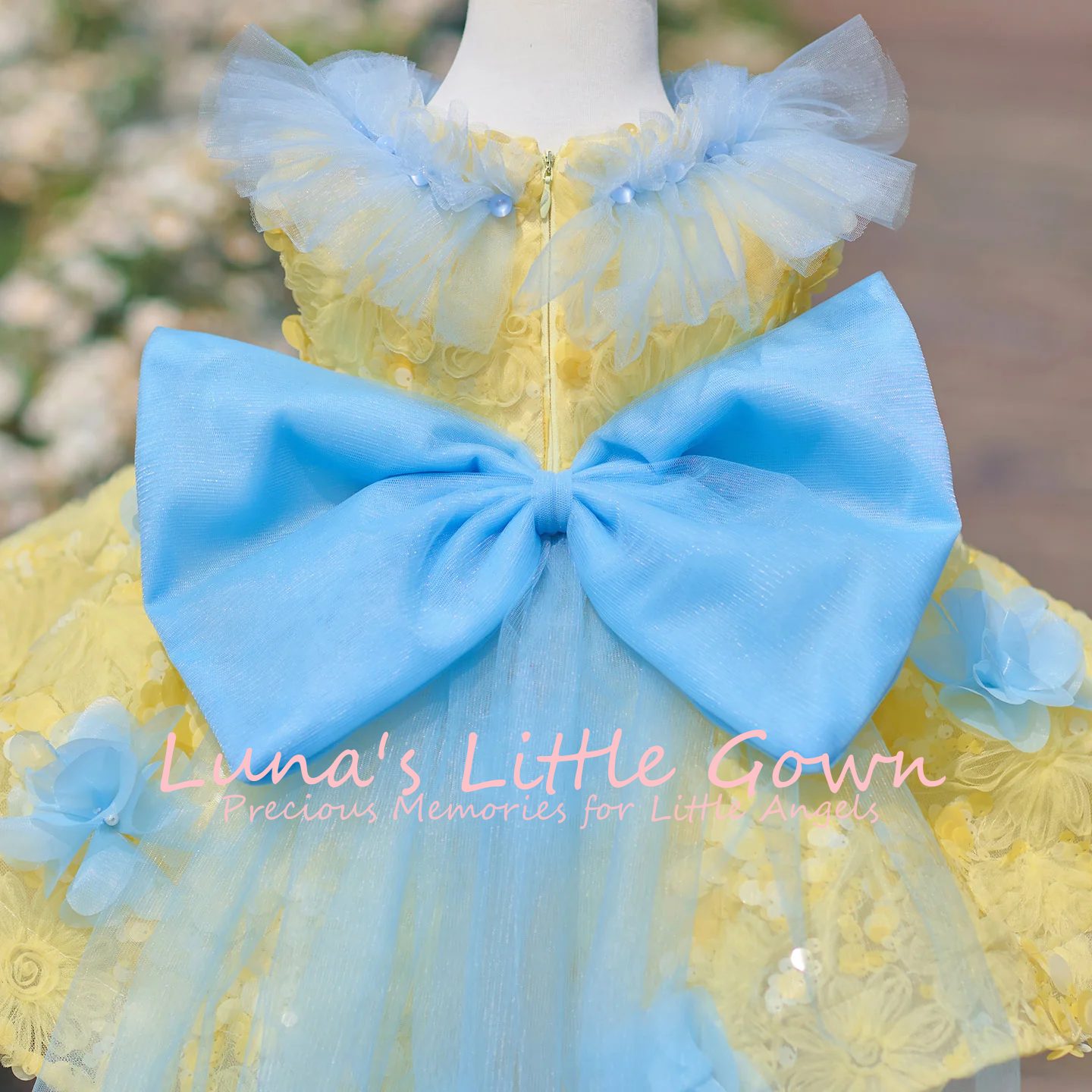 Yellow & Sky Blue Off‑Shoulder - Embroidery Yellow Flower ulasan dan harga