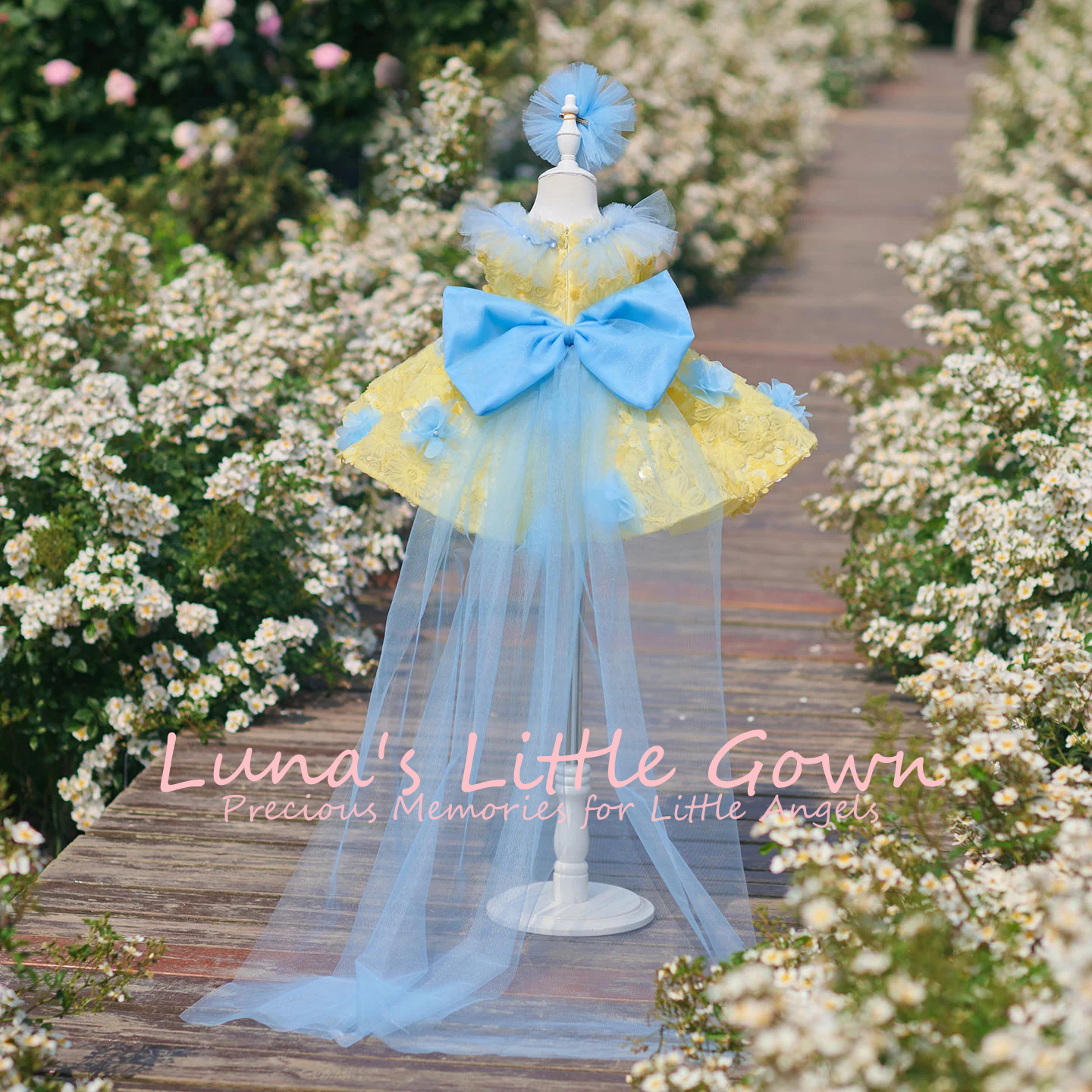 Yellow & Sky Blue Off‑Shoulder - Embroidery Yellow Flower ulasan dan harga