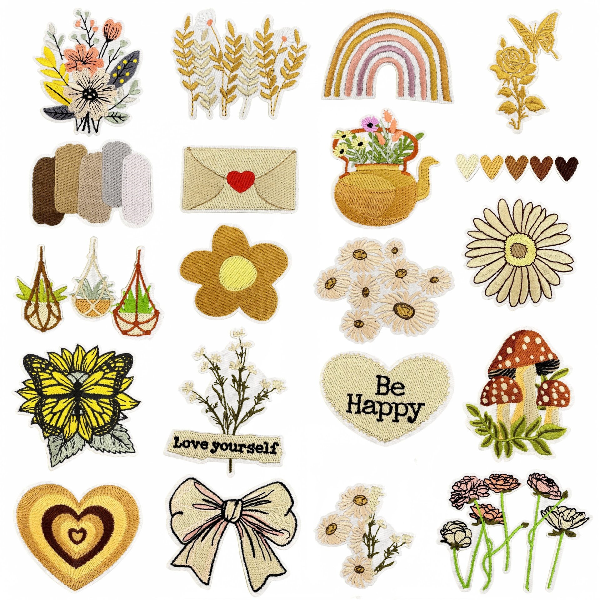 10pcs Beige Yellow Wappen Patc - Embroidery Yellow Flower ulasan dan harga