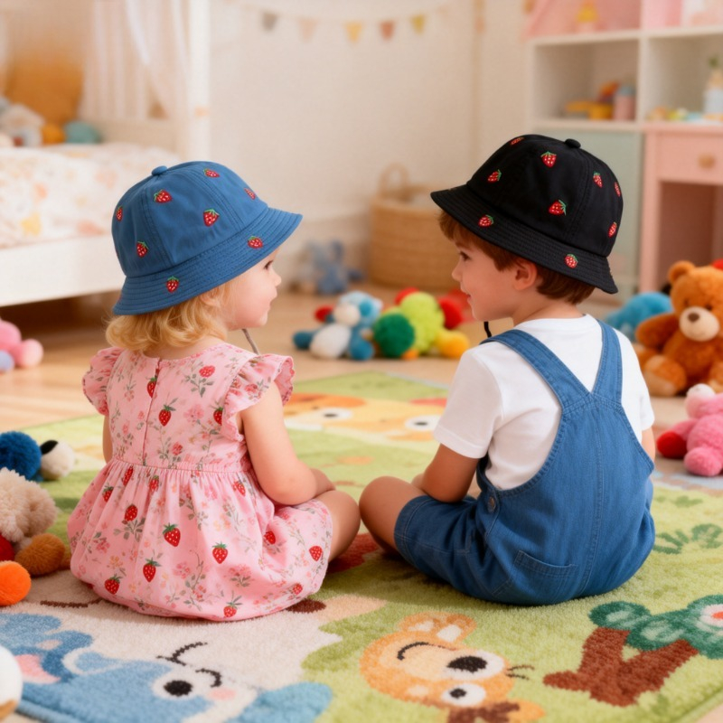 Girl Fisherman Hat with Strawb - Embroidery Cap ulasan dan harga