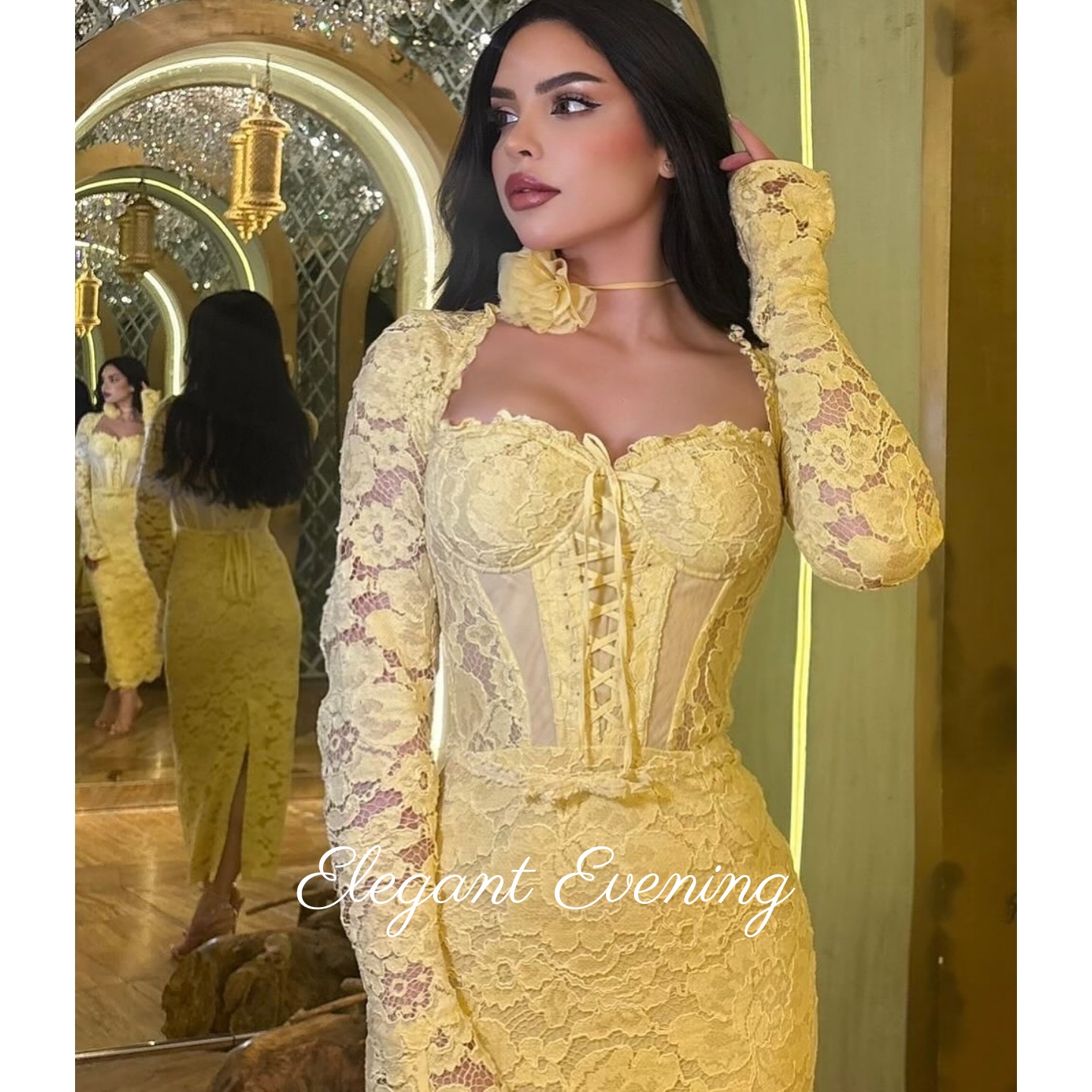 Yellow Lace Prom Dress Mermaid - Embroidery Yellow Flower ulasan dan harga